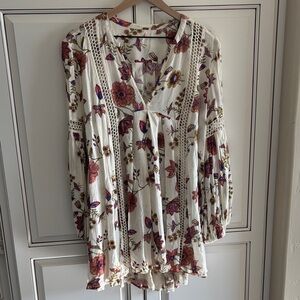 Free People Swing Dress Boho Puff Long Sleeve Cream Pink Floral Women’s Small